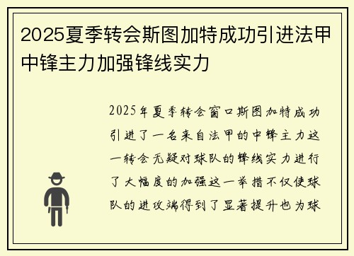 2025夏季转会斯图加特成功引进法甲中锋主力加强锋线实力