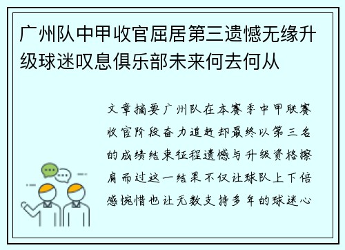 广州队中甲收官屈居第三遗憾无缘升级球迷叹息俱乐部未来何去何从