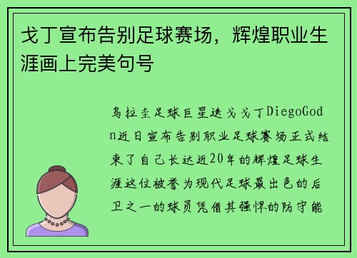戈丁宣布告别足球赛场，辉煌职业生涯画上完美句号